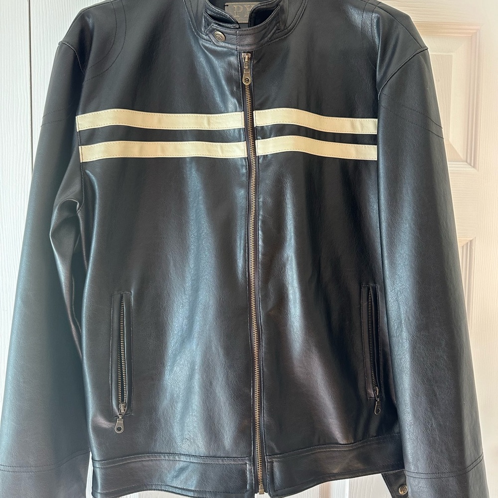 Men’s PX genuine L  black leather motorcycle jacket 2  white chest stripes